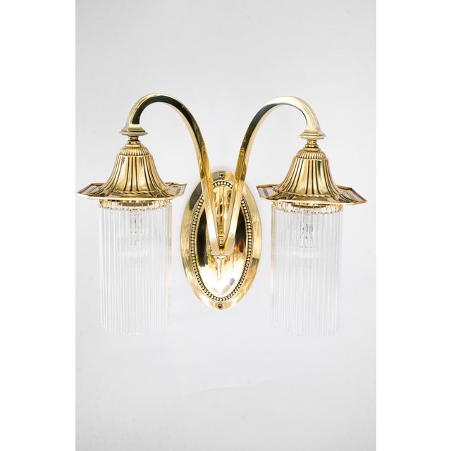 Art Deco Double Light Brass Wall Lamps with Glass Sticks, Vienna, Austria, 1920s, Set of 2 For Sale - Image 6 of 18