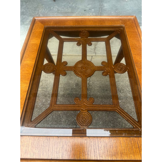 Vintage Chinoiserie Carved Wood End Table With Glass Inset For Sale - Image 6 of 10