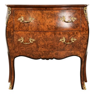 Italian Louis XV Burled Walnut Bombay Commode With Mounted Gilt Bronze Ormolu | Circa 1960s For Sale