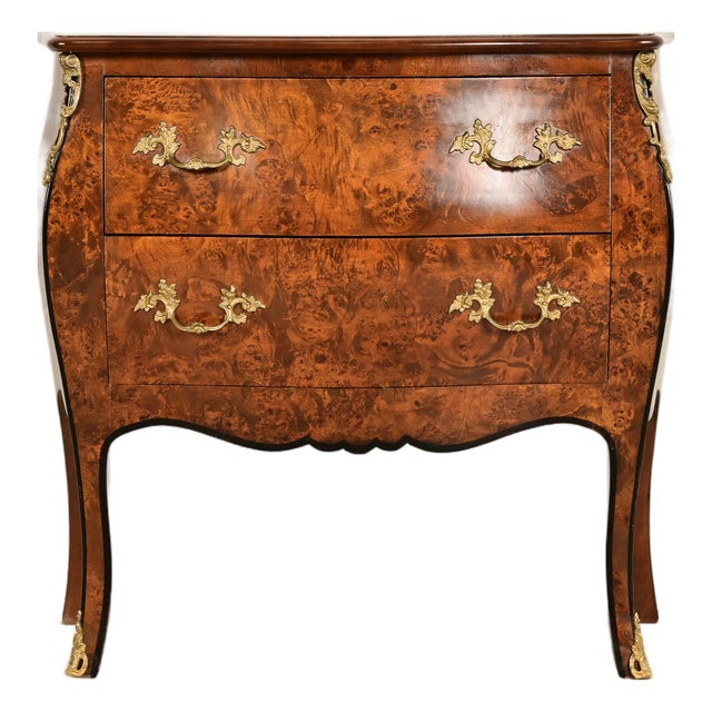 Italian Louis XV Burled Walnut Bombay Commode With Mounted Gilt Bronze Ormolu | Circa 1960s For Sale