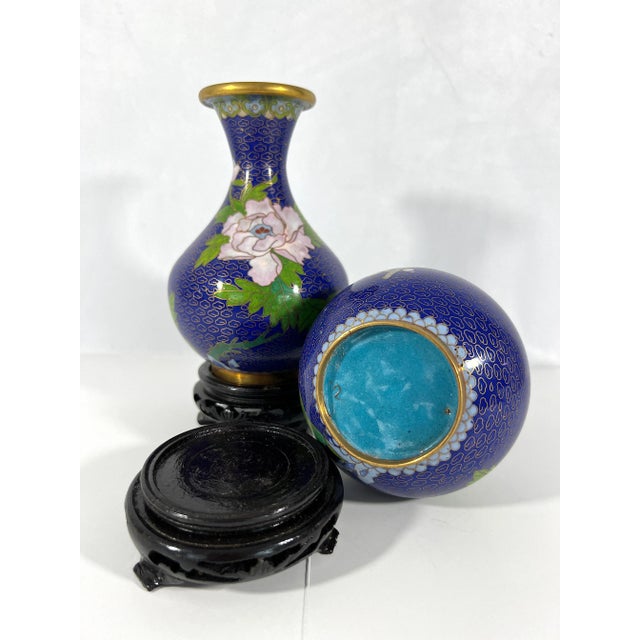 1980's Blue Cloisonné Vases With Pink Peonies and Cherry Blossoms , a Pair, Boxed With Carved Wood Stands For Sale In Tampa - Image 6 of 7
