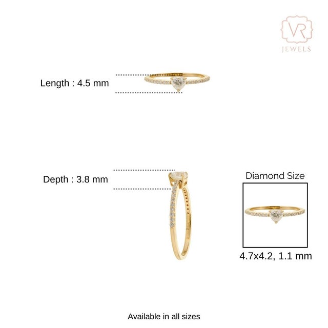 Minimalist Heart Cut Diamond Pave Solitaire Ring With Size 5 in 14k Yellow Gold For Sale - Image 11 of 15