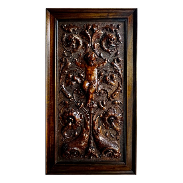 Antique Renaissance Revival Walnut Carved Cherub Wall Panel, 1800s For Sale