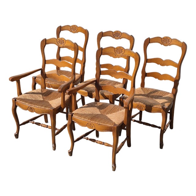 Late 20th Century Pierre Deux French Country Style Ladder Back Rush Seat Chairs, Set of 5 For Sale