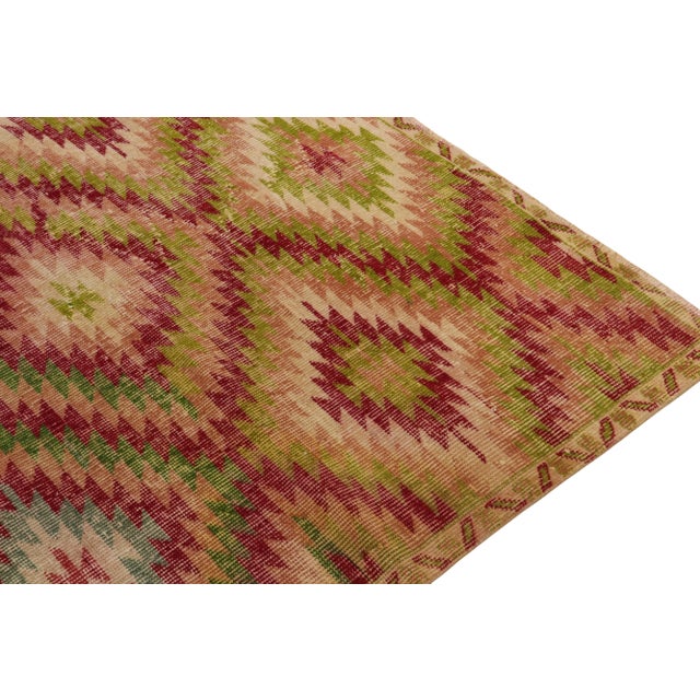 Vintage Distressed Deco Rug in Red, Green, Pink Geometric Pattern For Sale In New York - Image 6 of 7