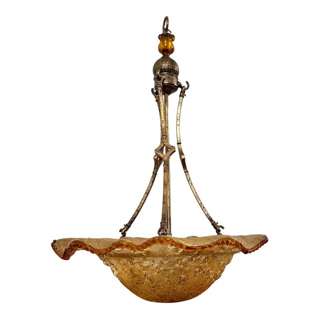 1960s Custom Italian Hand Blown Amber Glass Pendant With Brass/Bronze/Copper Finish For Sale