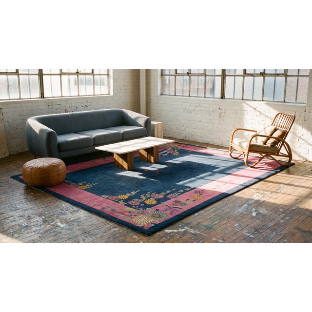 1920s Blue Navy Open Field Floral Antique Chinese Art Deco Carpet 9' X 11'8" Knotted Wool Rug For Sale - Image 12 of 13