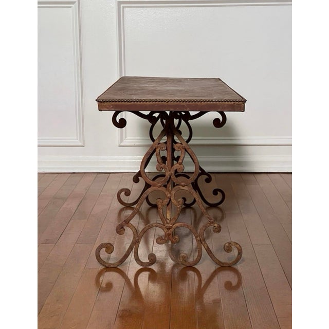 1960s Regency Scroll Iron Bench, Coffee Table, Faux Leather Trompe-l'Oeil Top, 1960s For Sale - Image 5 of 13