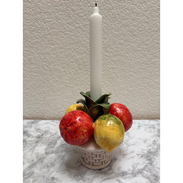 Vintage Italian pottery ceramic fruit bowl or basket with center opening for a taper candlestick. Whimsical fun fruity...