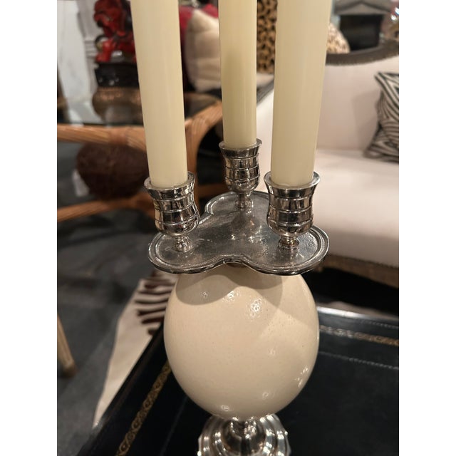 Metal Silver Plate & Ostrich Egg Candlesticks -a Pair For Sale - Image 7 of 11