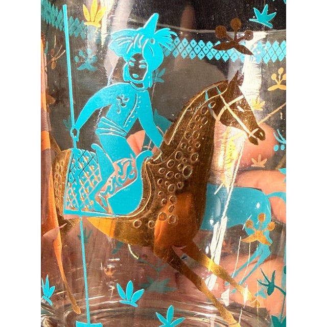 Turquoise Mid Century Cera Persian Polo Equestrian Rocks Glasses in Turquoise and Gold c.1960s - Set of 4 For Sale - Image 8 of 8