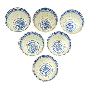 Chinese Dragon Rice Grain Porcelain Bowls — Set of 6