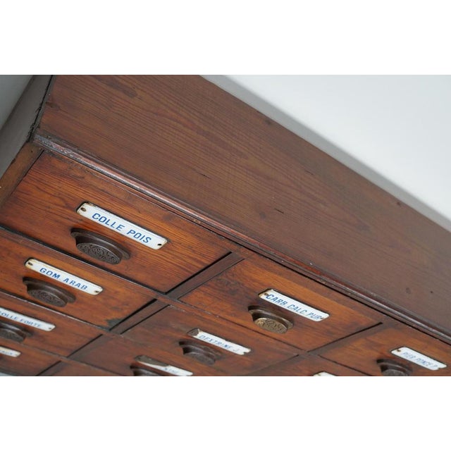 Large Belgian Pitch Pine Apothecary Cabinet with Enamel Shields, 1900s For Sale - Image 16 of 18