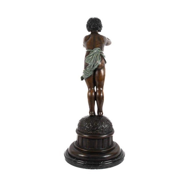 Figurative Antique Bronze Boy Figure Blowing a Bugle on Marble Base – Classical Figural Sculpture For Sale - Image 3 of 8