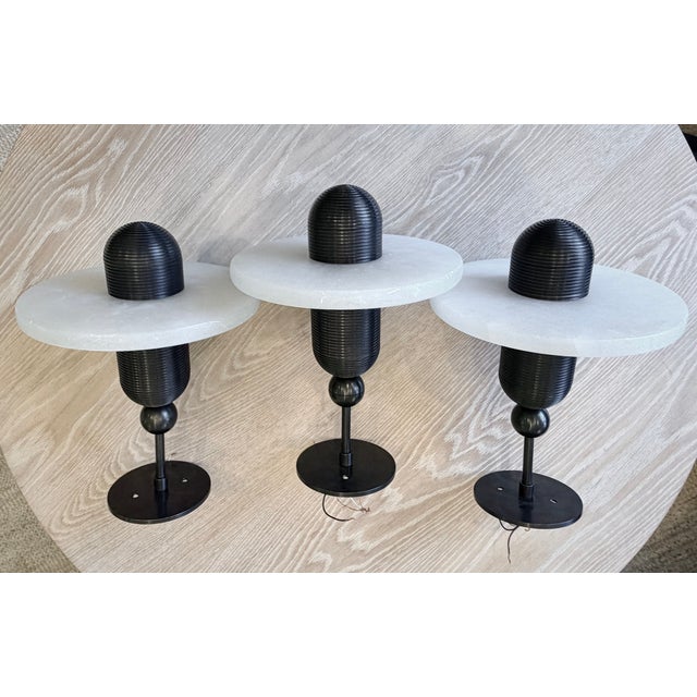 Contemporary Apparatus Studio Median Mono Alabaster & Blackened Brass Pendants - Set of 3 For Sale - Image 3 of 14