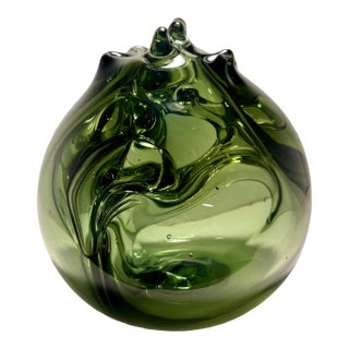 MCM Signed Robert C. Fritz Studio Art Glass Sculpture Olive Green Abstract 6”x6" For Sale