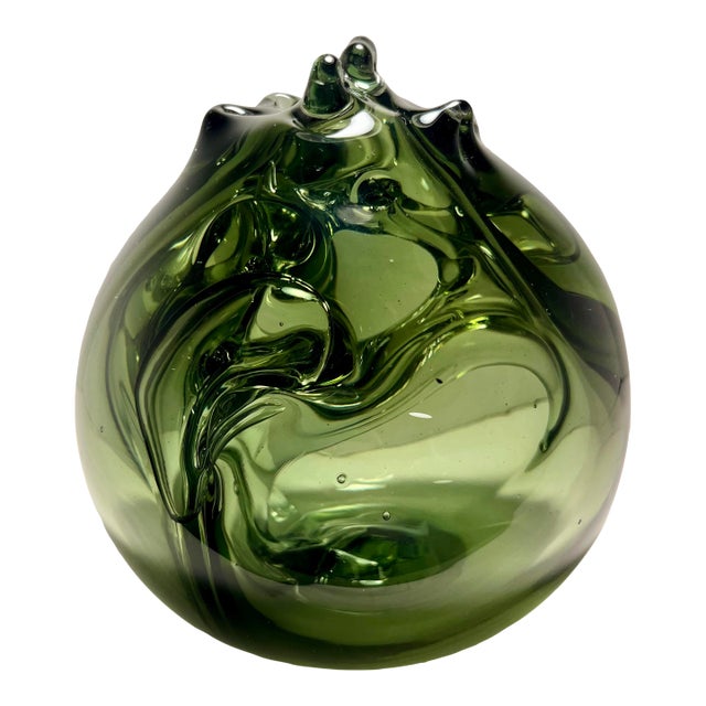 MCM Signed Robert C. Fritz Studio Art Glass Sculpture Olive Green Abstract 6”x6" For Sale
