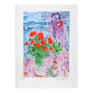 Red Bouquet With Lovers, Marc Chagall Giclee on Paper, Signed in Plate