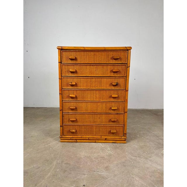 Bamboo and Rattan Chest of Drawers, Italy, 1960s An original 1960s chest of drawers crafted from bamboo and woven rattan,...