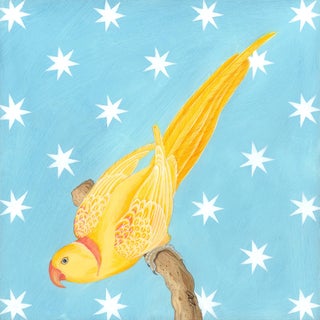 “In Perch of Excellence” Yellow Parrot Parakeet Painting by Allison Cosmos For Sale