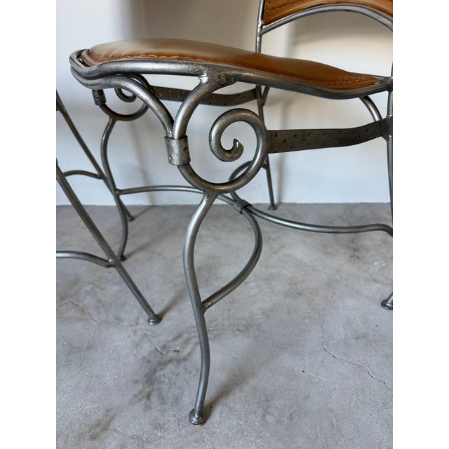 Palma Brava Wrought Iron & Brown Leather Dining Chairs – Set of 4 For Sale - Image 12 of 13