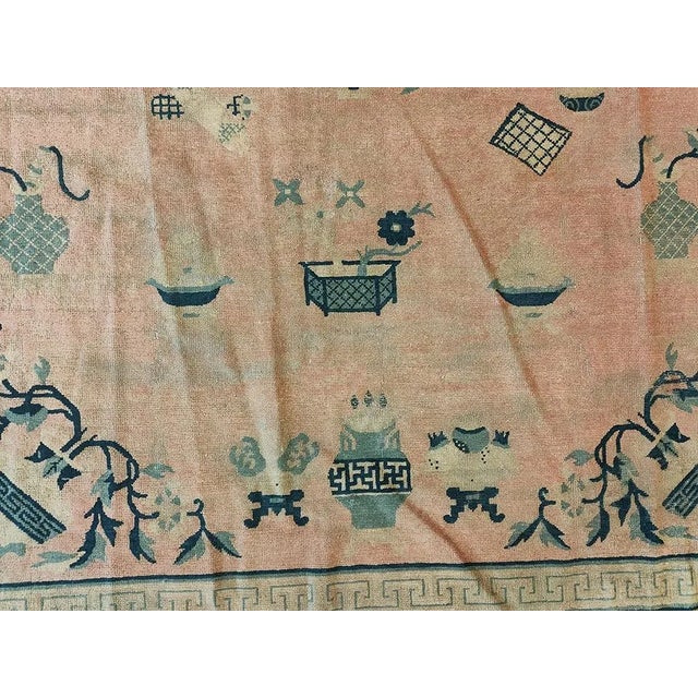 Rose 1890s Rose Pink Floral Vase Qing Antique Chinese Peking Carpet 6'6''x 8'4'' Knotted Wool Rug For Sale - Image 8 of 9