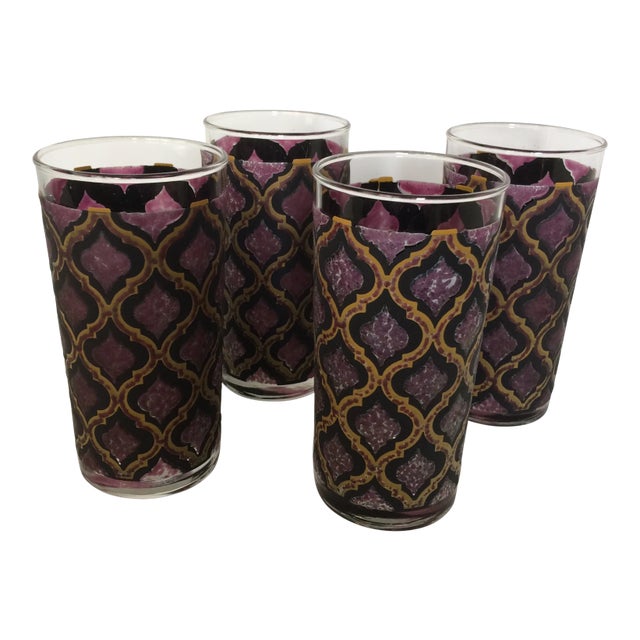 Vintage Boho Chic Diamond Patterned Glasses Set of 4 For Sale