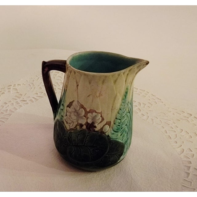 Ceramic Antique Majolica Creamer, Earthtones With Green Leaves, Flowers and Fern. For Sale - Image 7 of 10