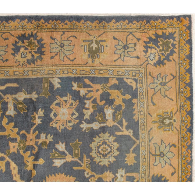 Traditional Antique Oushak Carpet, Handmade Oriental Rug Made in Turkey, Peach, Blue, Ivory For Sale - Image 3 of 11