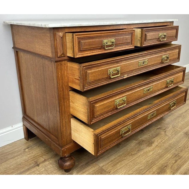 Antique French Oak Marble Top Carved Chest of Drawers For Sale - Image 14 of 15