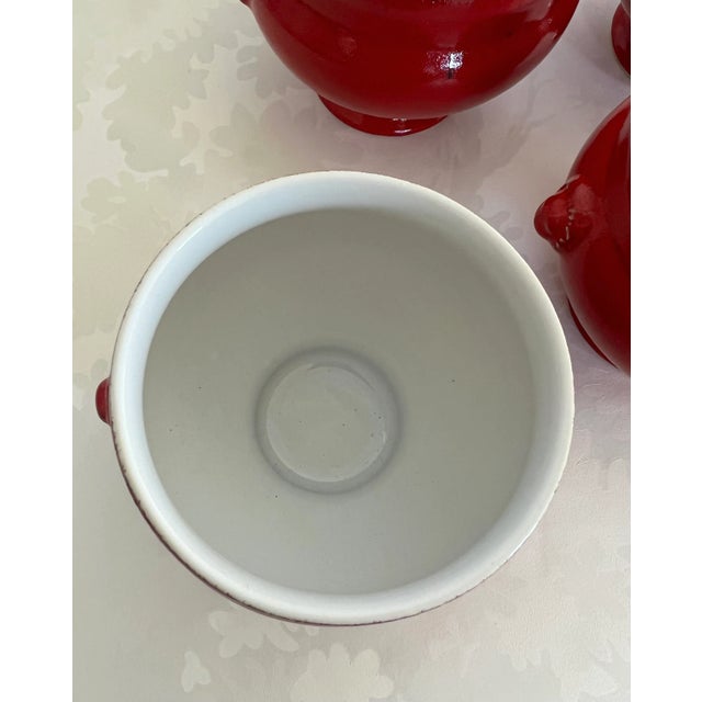 Vintage Emile Henry Traditional Lion Head Deep Red Soup Cauldrons Bowls Pottery - Set of Four For Sale - Image 4 of 5