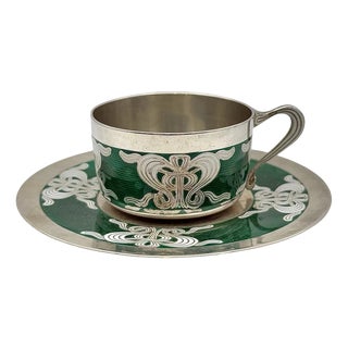 Antique Norwegian Silver and Guilloché Enamel Cup and Saucer, 1900, Set of 2 For Sale