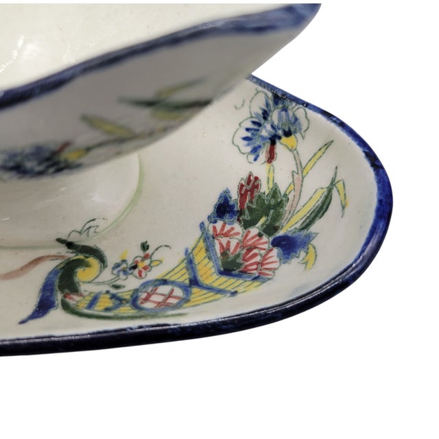 19th Century Faience De Gien French Hand Painted Earthenware Sauce Boat With Attached Underplate and Additional Oval Plate For Sale - Image 11 of 12