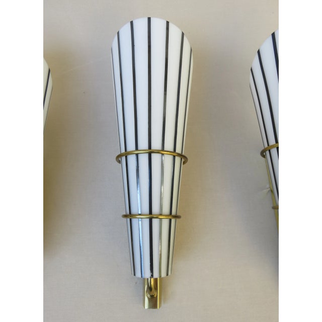 Italian Black and White Striped Enamel Glass and Brass Sconces, 1950s, Set of 4 For Sale - Image 9 of 18