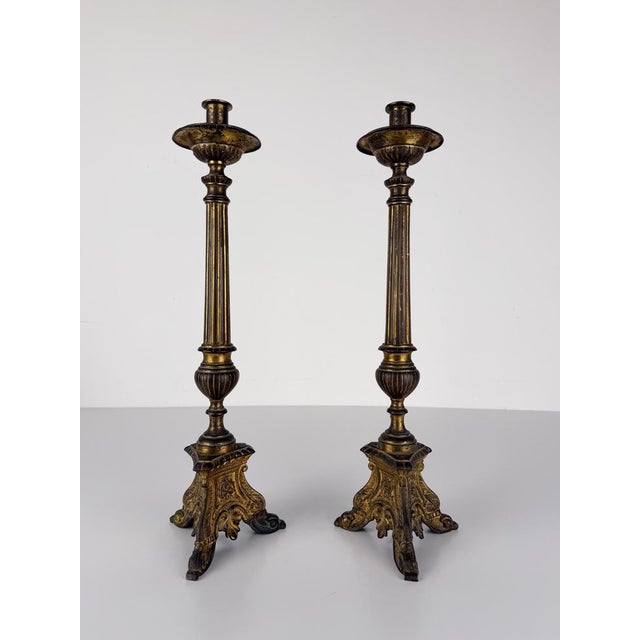 Italian Baroque Style Church Candlesticks in Gilt Bronze, Set of 2 For Sale - Image 5 of 17