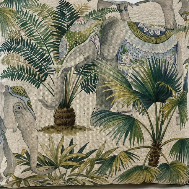 20" Square Decorative Throw Pillow With an Exotic Elephant & Palm Tree Pattern - Made in the U K For Sale - Image 4 of 12