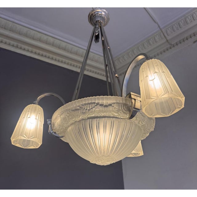 Art Deco Chandelier in Nickel-Plated Bronze by Georges Leleu Jehel, 1930 For Sale - Image 10 of 18