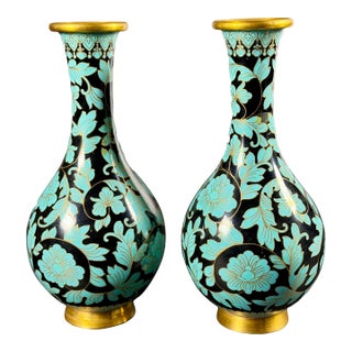 9" Pair Vintage Chinese Cloisonné Vases - Black & Turquoise Floral (Frid Estate) For Sale