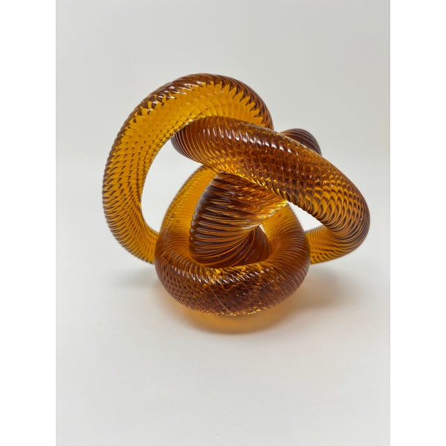 Signed Amber & Cognac Art Glass Infinity Knot Sculpture, Serpentine Texture For Sale In Palm Springs - Image 6 of 17