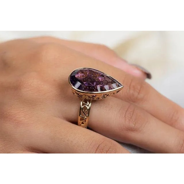 Not Yet Made - Made To Order Amethyst Cocktail Ring Size 7, 18.2ct Pear Cut in 14k Gold by VRJewels For Sale - Image 5 of 16