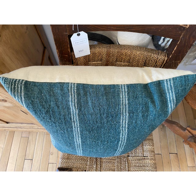 Wool Large Square Pillow in Teal Blue & White Stripe For Sale - Image 9 of 10