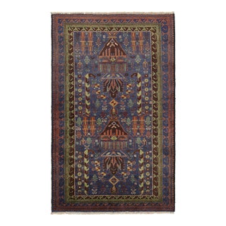 1950s Vintage Baluch Persian Rug in Blue With Green & Brown Patterns by Rug & Kilim For Sale