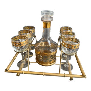 Culver Valencia Decanter & Wine Glasses Bar Set 22 Karat Gold Design Mid Century Vintage Cocktail Set For Sale