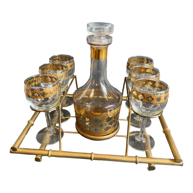 Culver Valencia Decanter & Wine Glasses Bar Set 22 Karat Gold Design Mid Century Vintage Cocktail Set For Sale