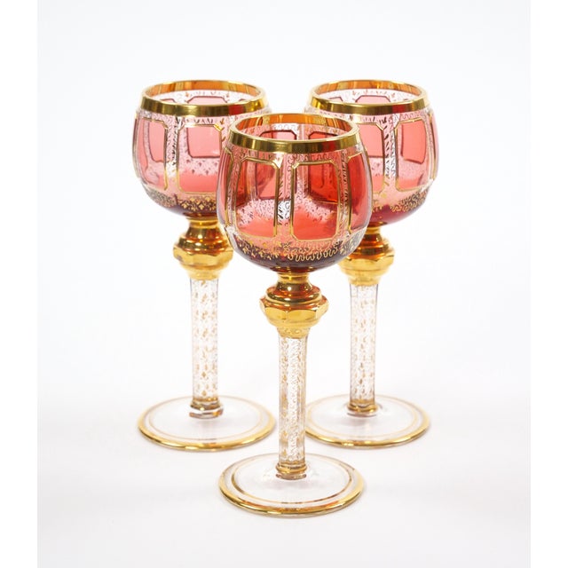 Exquisite Moser Cranberry Paneled Cut Crystal Wine Goblet / Decanter Service For Sale In New York - Image 6 of 12
