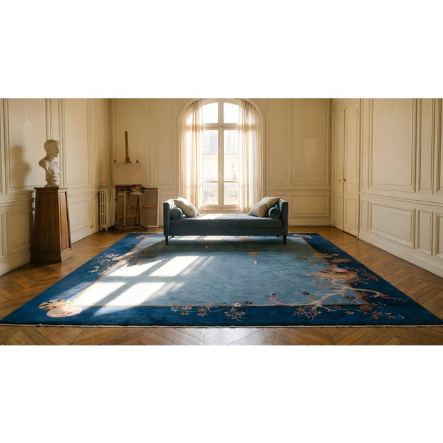 1920s Cornflowers Blue Minimalist Floral Antique Chinese Art Deco Carpet 8' X 9'9" Knotted Wool Rug For Sale - Image 18 of 18