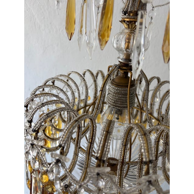 Yellow Italian Micro-Beaded Tiered Yellow Crystal Prisms Chandelier C 1920 Amber For Sale - Image 8 of 12