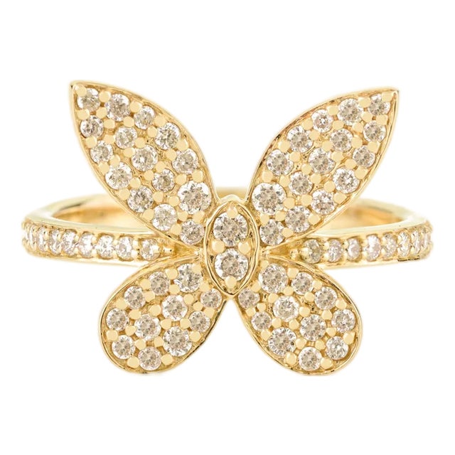 Art Deco Butterfly Ring With Cluster Diamonds in 14k Yellow Gold Size 6.5 For Sale