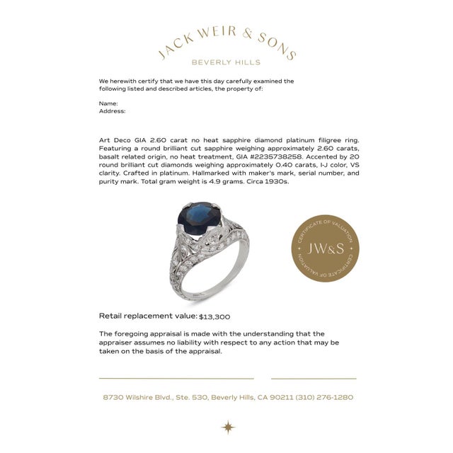 Blue 1930s Art Deco Gia 2.60 Carat No Heat Sapphire Diamond Platinum Filigree Ring, Size 5.25 For Sale - Image 8 of 8