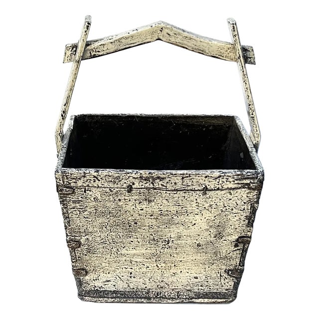 Vintage Rustic Off White Square With Handle Wood Bucket For Sale